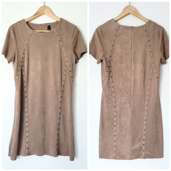 Lord & Taylor Western Shift Dress‎ Faux Suede Tan Gold Studs Short Sleeve Small - Picture 1 of 15